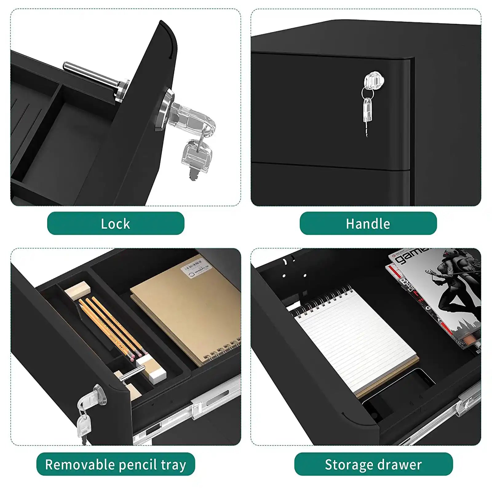 Modern 3-Drawer Metal Filing Cabinet , Organizer with Key