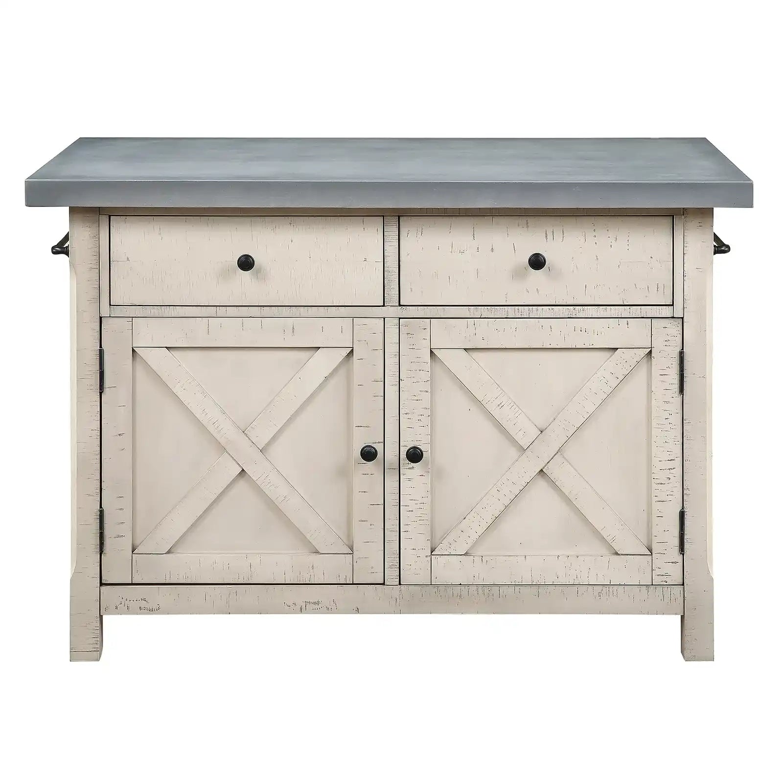 Kitchen Island with Cement like Grey Top and 2 Stools