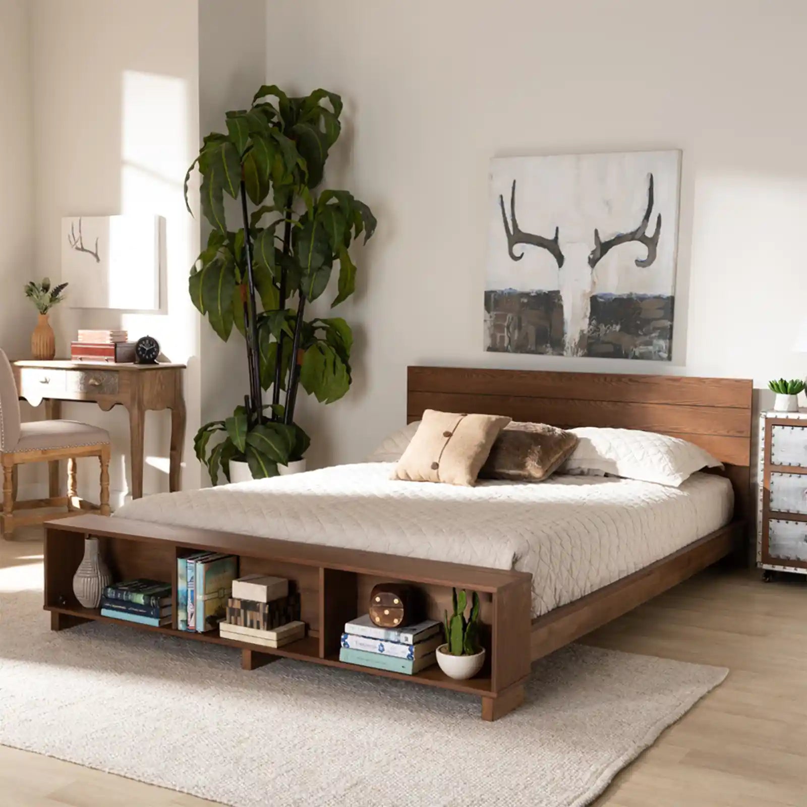 Modern Rustic Walnut Brown Finished Wood Platform Storage Bed with Built-In Shelves
