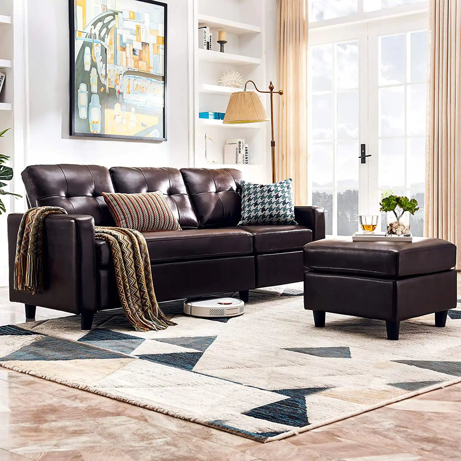 Convertible Sectional L Shaped Sofa with Faux Leather