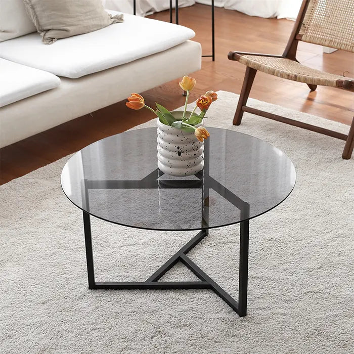 Round Glass Coffee Table with Black Metal Legs , Modern and Unique Center Table for Living Room , Large Smoked Glass Top with Low Steel Base