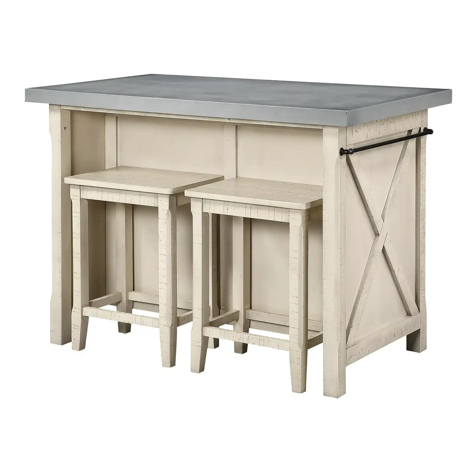 Kitchen Island with Cement like Grey Top and 2 Stools