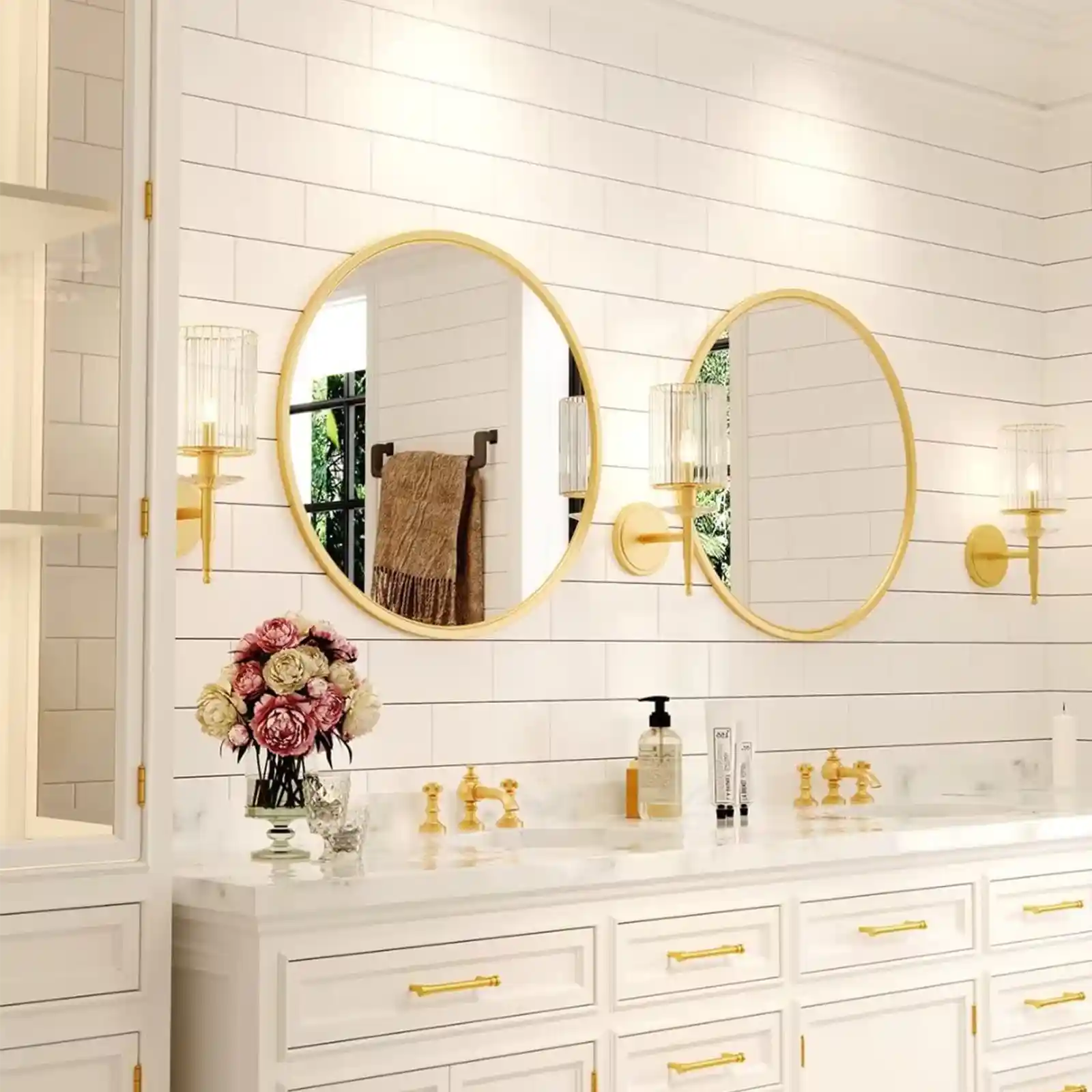 Espejo redondo dorado, espejo de pared circular para tocador de baño, sala de estar de entrada con marco de metal para decoración del hogar 