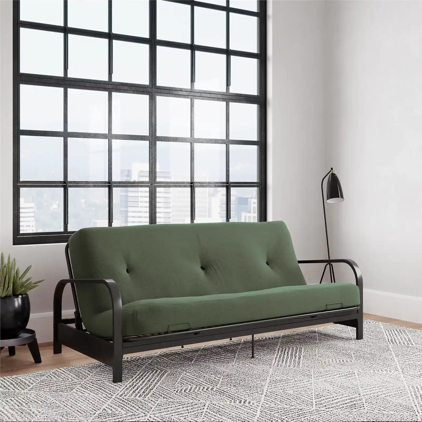 Sofá reclinable, estructura de futón de tamaño completo con brazo de metal negro y colchón de 6"