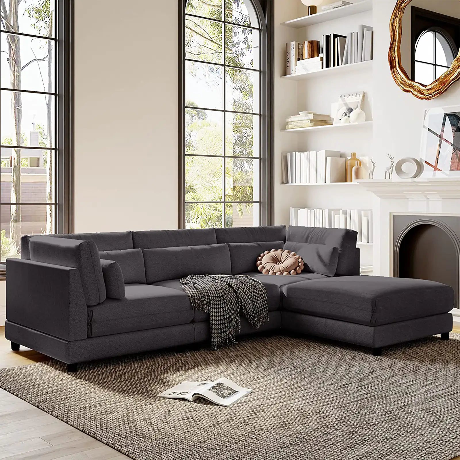 Upholstered Sectional Sofa Sets with Removable Ottomans and Waist Pillows