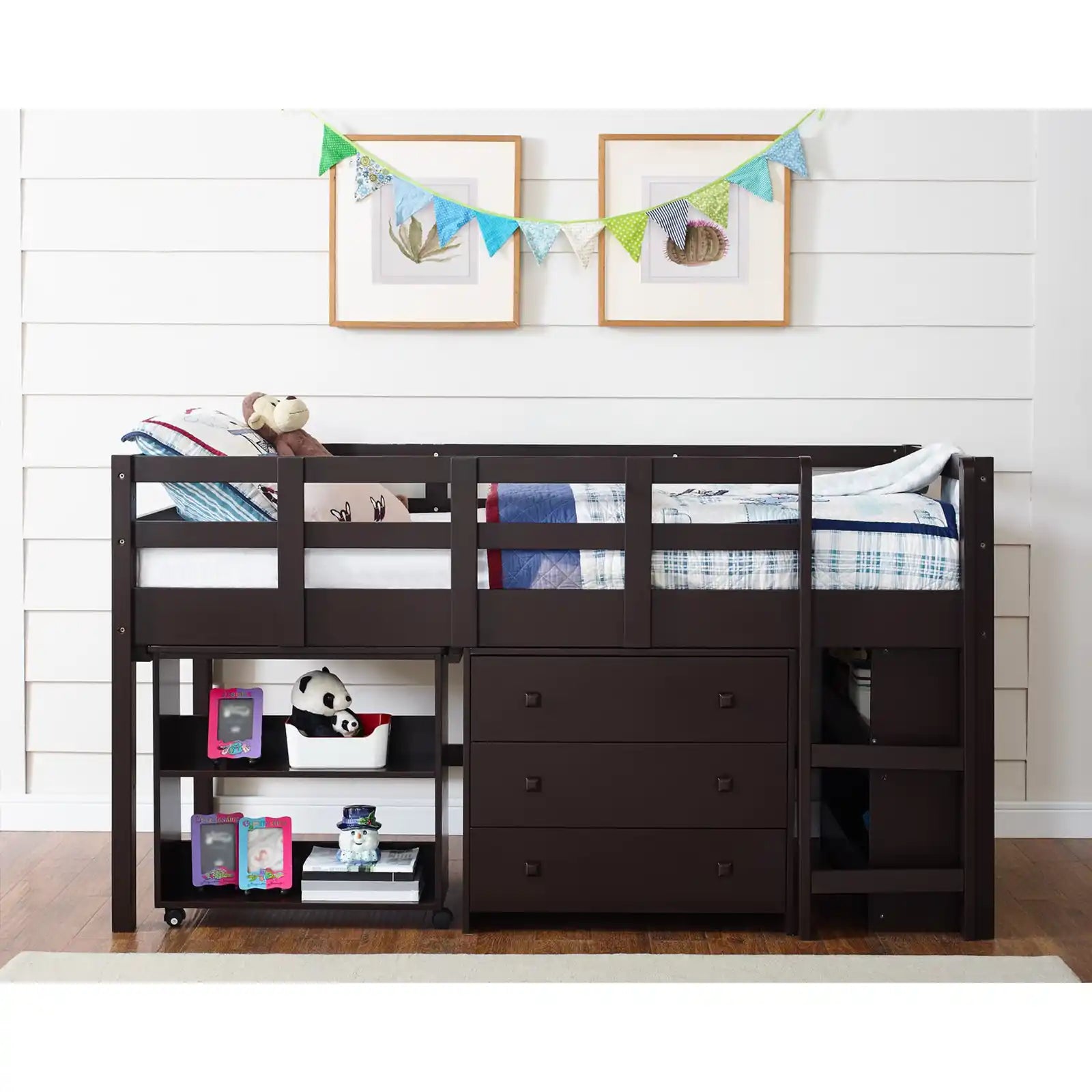 Twin Size Bed with Desk Low Study Kids Loft Bed with Desk and Storage Space