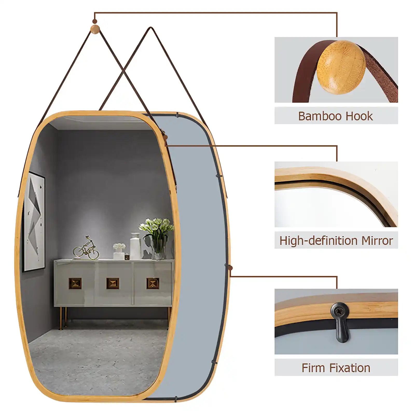 Modern Rectangle Wall Hanging Framed Mirror with Faux Leather Strap Bathroom