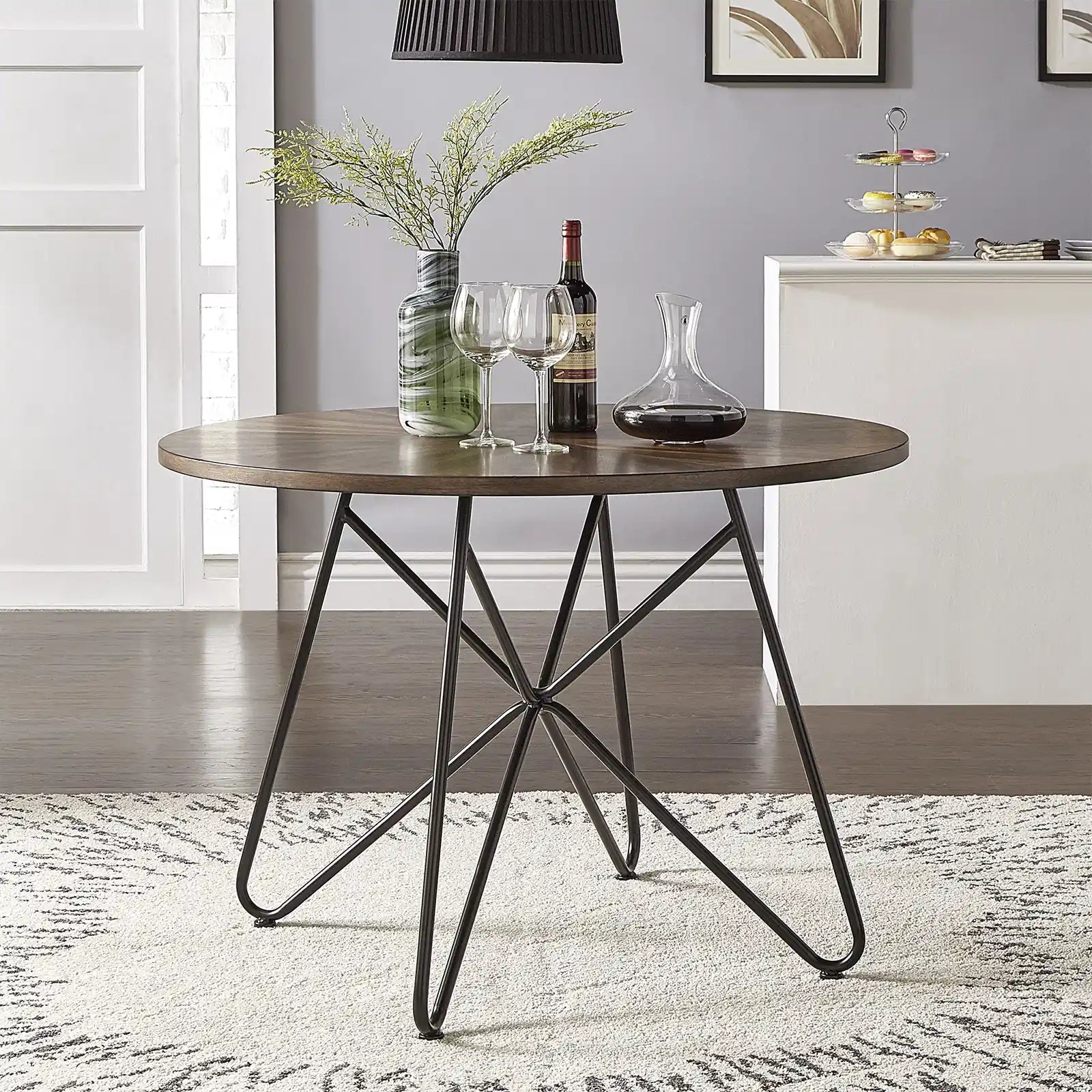 Wood 42 inch Round Dining Table with Black Iron Legs, Walnut Finish