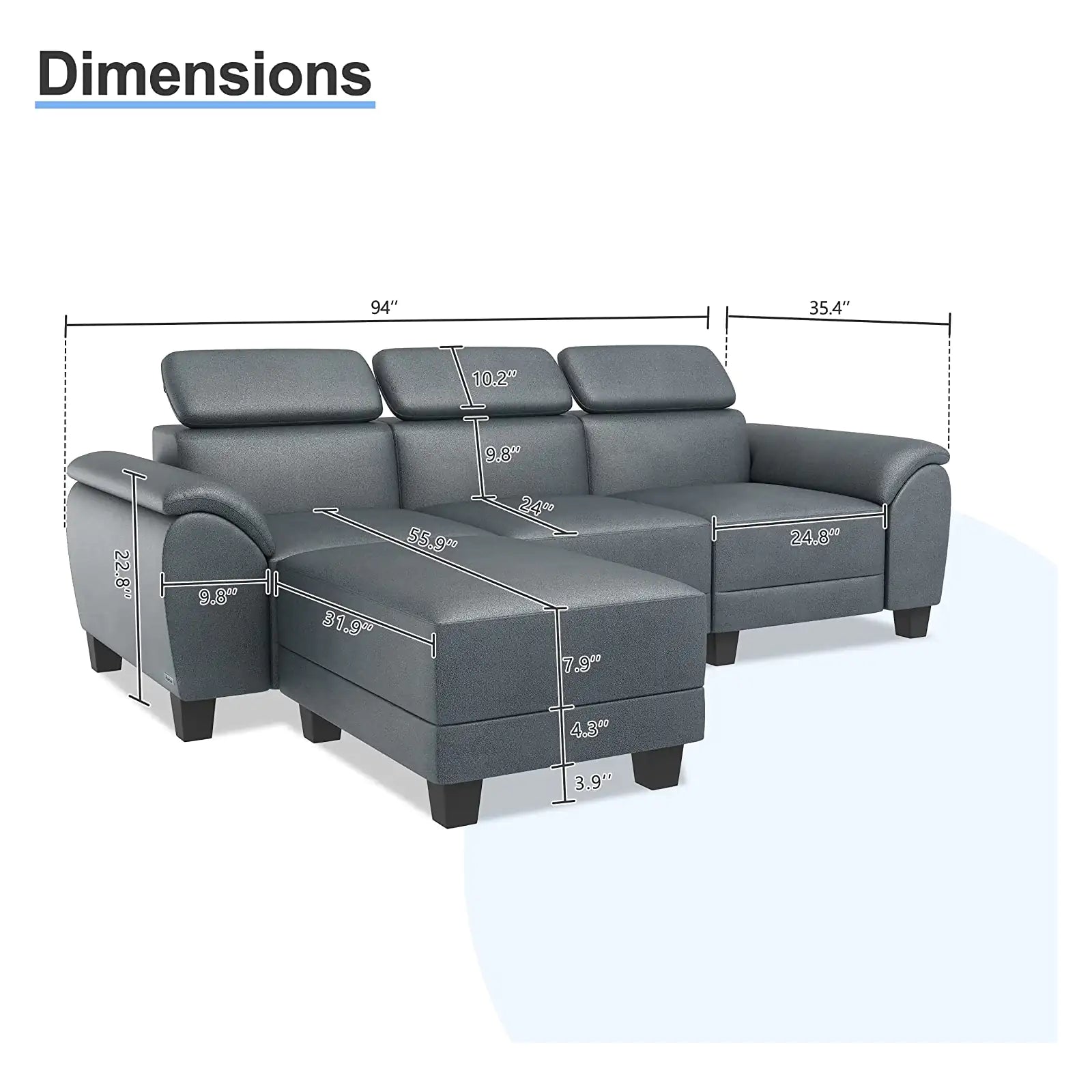 Convertible and Reversible Sectional Sofa with Chaise and Ottoman