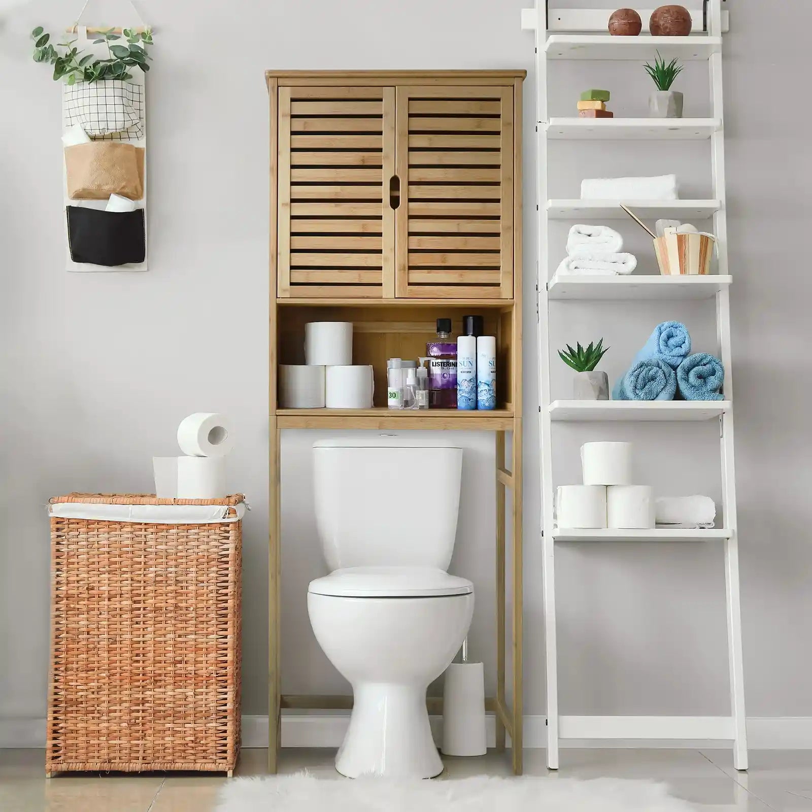 Natural Toilet Storage Cabinet Bathroom Organizer with Shelves