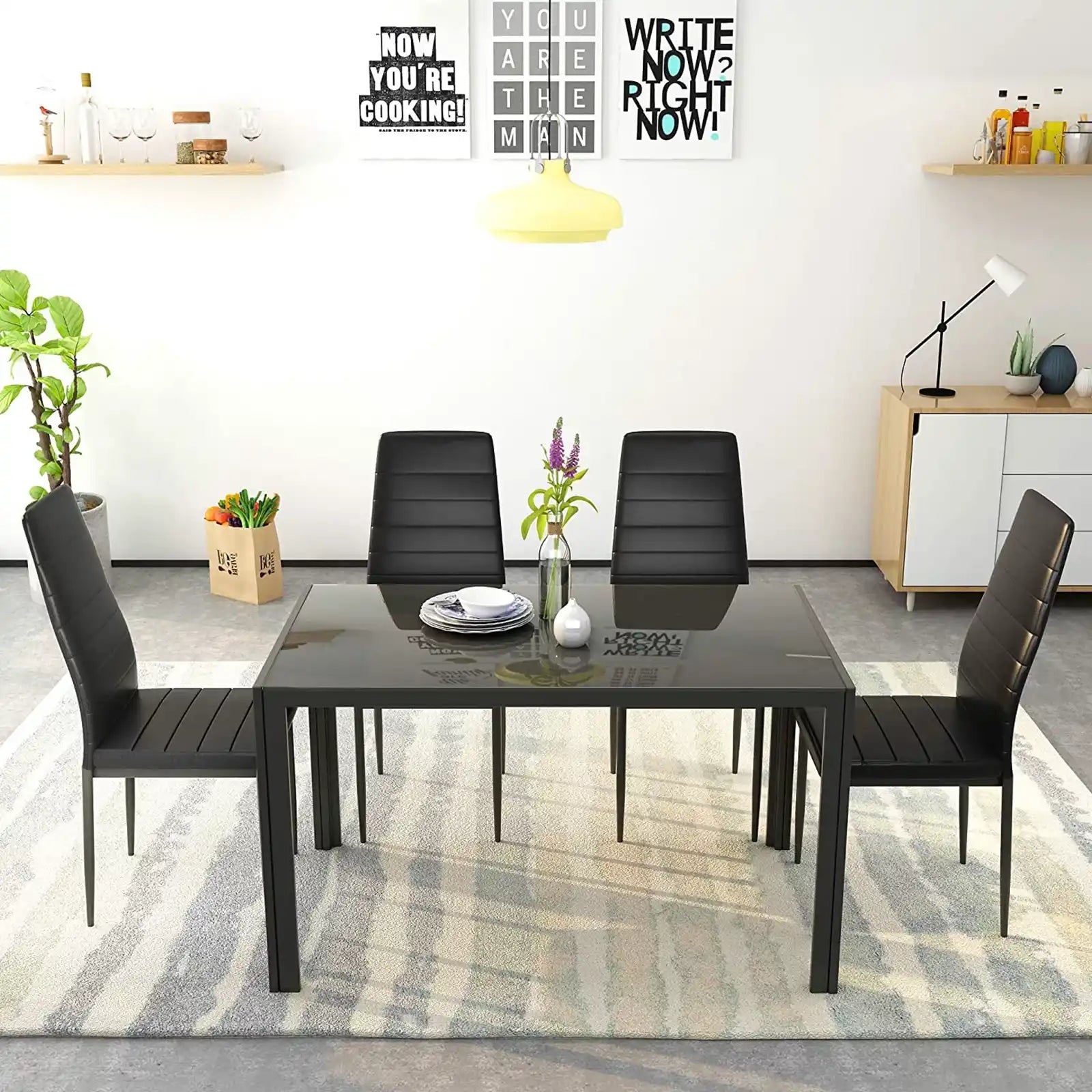Dining Set with Tempered Glass Tabletop and 4 Faux Leather Chairs