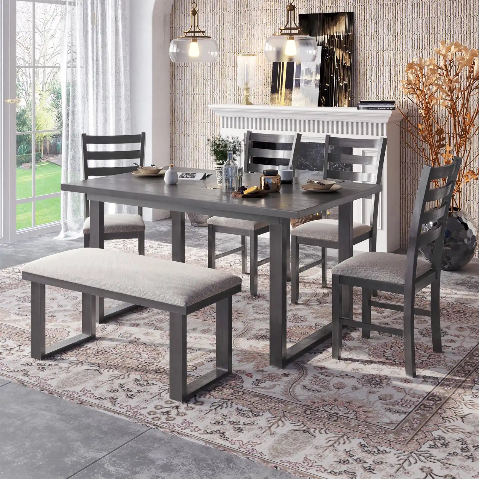 Rustic Wood Dining Table and 4 Chairs with 1 Bench with Cushion