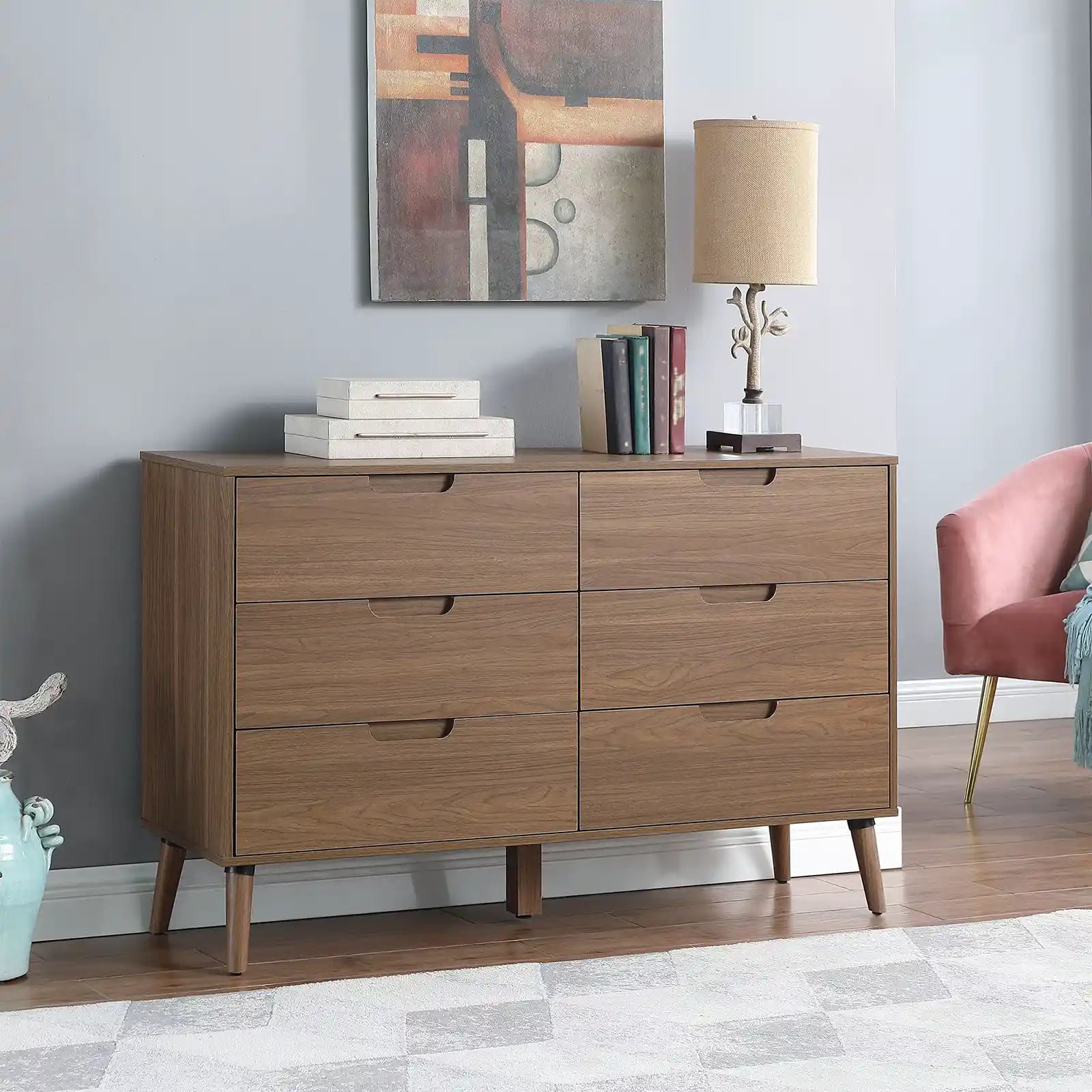 Modern 6 Drawer Dresser , Walnut