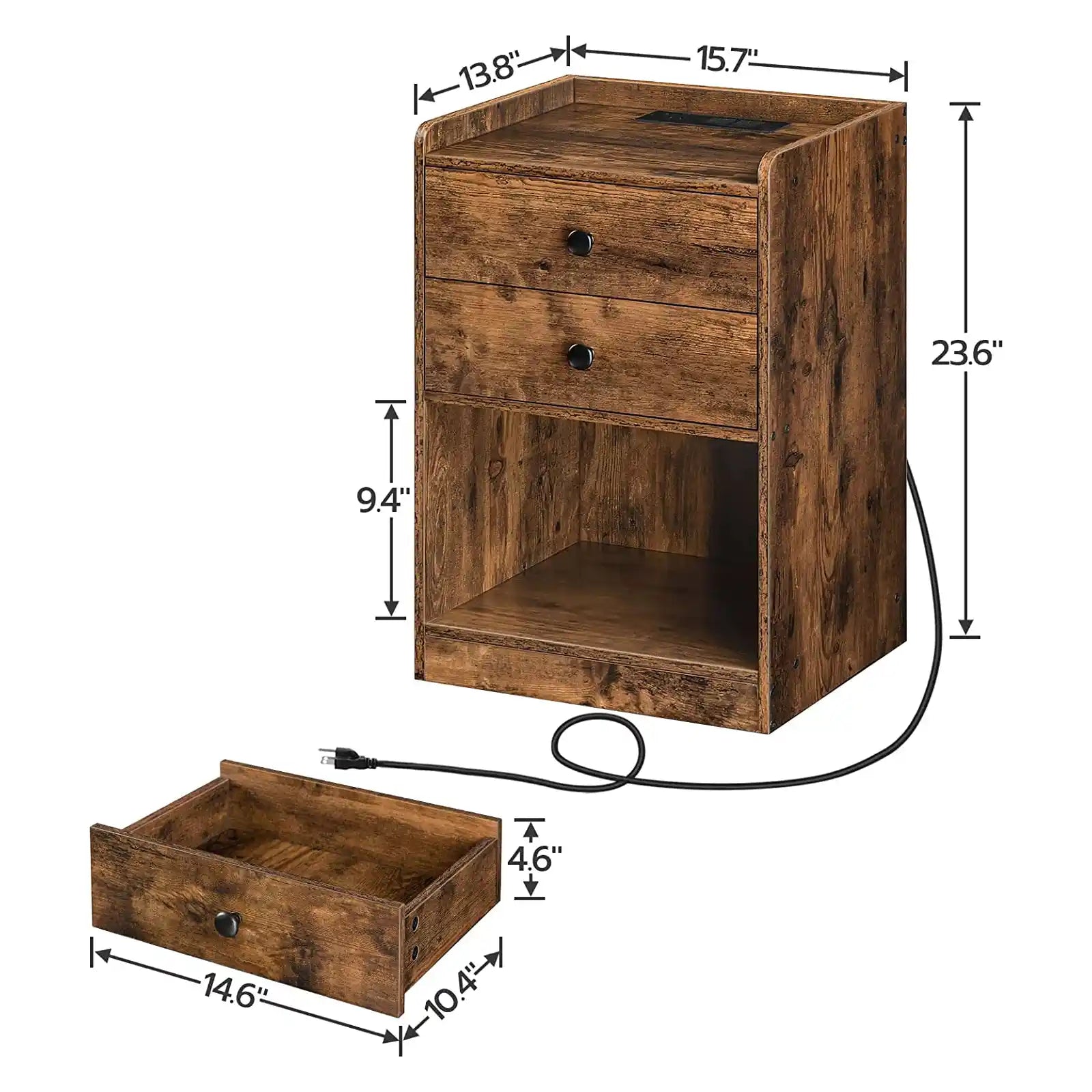 Nightstand with Charging Station, Side Table with 2 Drawers and Open Shelves, Storage Shelf with USB Ports and Outlets