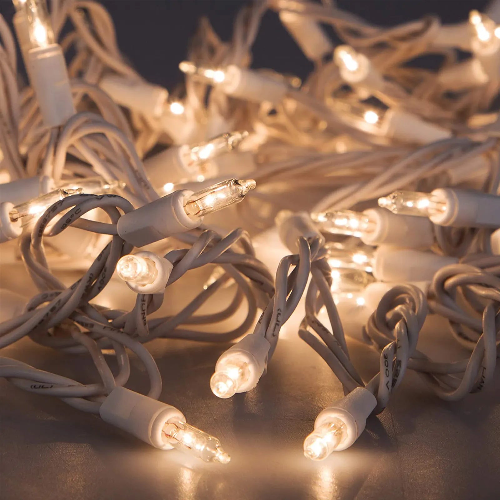 100 Clear Christmas Lights on White Wire, UL Approved