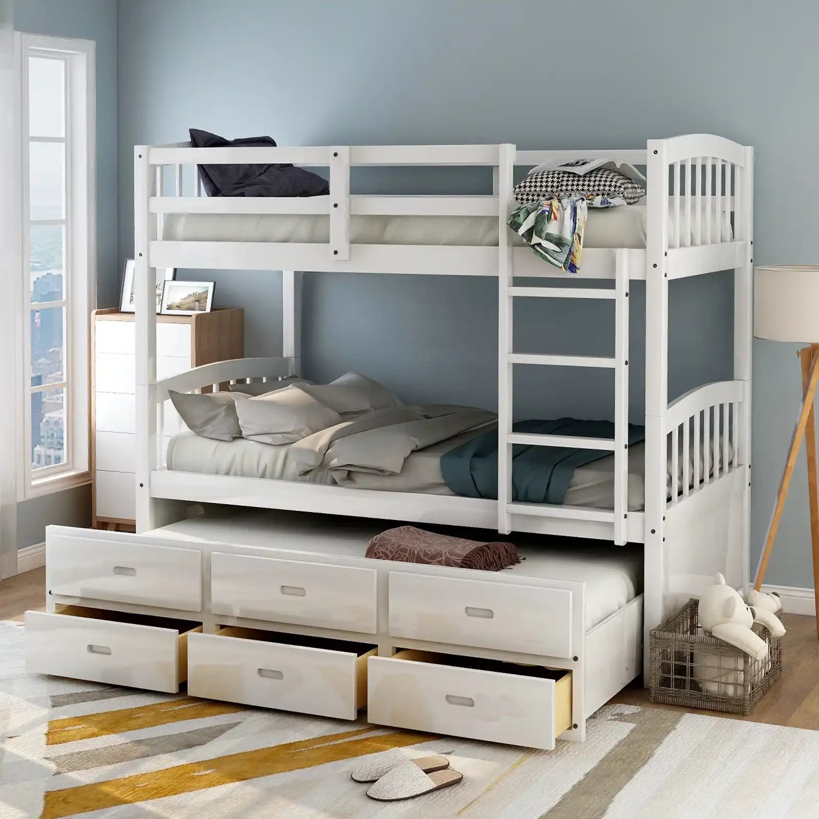 Twin Over Twin Wood Bunk Bed with Trundle and Drawers
